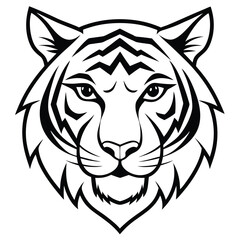 A fierce and majestic tiger head drawn in minimalist line art style, highlighting sharp angles and intense eyes to represent power and courage.
