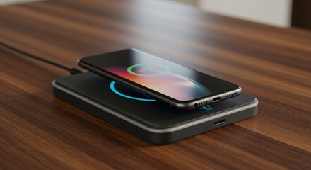 Smartphone Wireless Charging on Wooden Table with Power Indicator