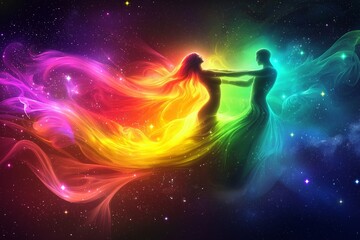 Couple dancing in a cosmic swirl of colors and light symbolizes love and connection in a dazzling universe
