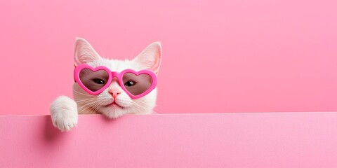 Photo of a happy, smiling cat wearing heart shaped sunglasses, peeking over the edge of a pink background with copy space. This could be used as a banner concept design for valentine´s , weeding or bi