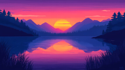 A serene sunset over a tranquil lake. Serene Sunset Reflection. Illustration
