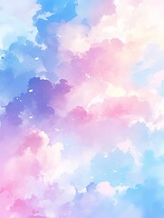 Soft pastel watercolor background with clouds and blurred edges, featuring vibrant colors and dreamy textures.
