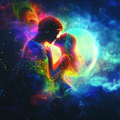 Two figures share a vibrant kiss surrounded by a cosmic backdrop of colors and stars