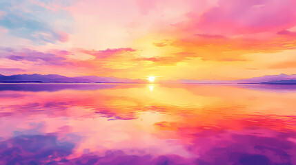 Fototapeta premium A watercolor painting of a sunset over a calm body of water, with vibrant orange, pink, and purple hues. Serene Sunset Reflection. Illustration