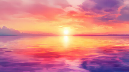 Fototapeta premium A watercolor painting of a sunset over a calm body of water, with vibrant orange, pink, and purple hues. Serene Sunset Reflection. Illustration