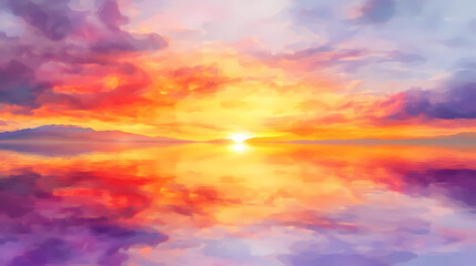 Fototapeta premium A watercolor painting of a sunset over a calm body of water, with vibrant orange, pink, and purple hues. Serene Sunset Reflection. Illustration