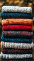 Warm and cozy stack of knitted sweaters in autumn hues resting outdoors in natural light