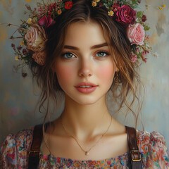 Naklejka premium Woman smiling with flower crown against textured background