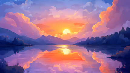 Colorful sunset skies reflecting in the tranquil waters of willow lake, sun, evening, clouds. Serene Sunset Reflection. Illustration