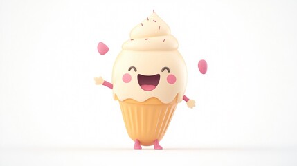 Cute and Delicious Ice Cream Kawaii Character in Wide Angle Center View