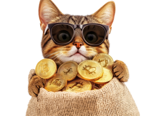 Isolated Cat with Sunglasses Holding Bitcoins Cool