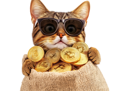 Isolated Cat with Sunglasses Holding Bitcoins Cool