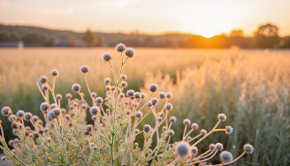 Frosted wildflowers basking in golden morning light, serene beauty