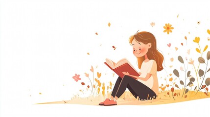 Cartoon vector of a little girl reading a book, promoting literature & education