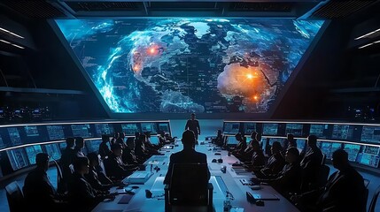Global crisis briefing; command center; earth projection