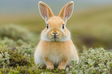 Fototapeta premium Cute rabbit sitting in vibrant green grass during golden hour in a serene environment