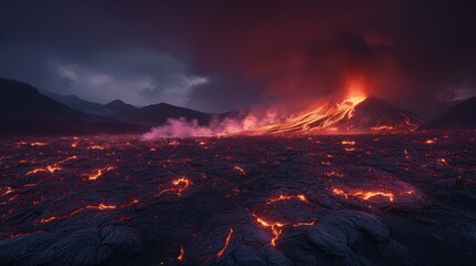 Erupting volcano at night, lava flow, dark mountains, fiery landscape, disaster scene
