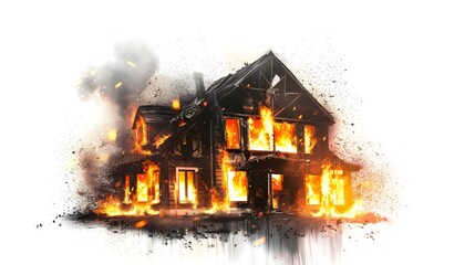 Burning house, intense flames, engulfed structure, dramatic fire, night scene, orange glow, smoke billowing, destructive inferno, architectural devastation, eerie atmosphere, crackling embers, heat
