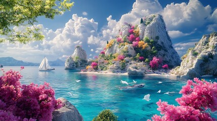 Scenic island escape with colorful blossoms and serene blue waters