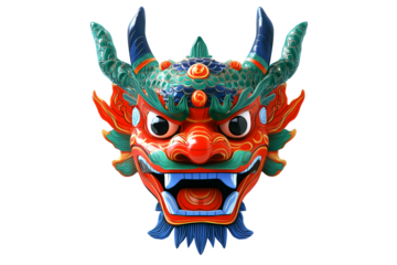 Ornate demon or dragon mask with bold orange, black, and gold details featuring horns isolated on white transparent background. Cultural art concept