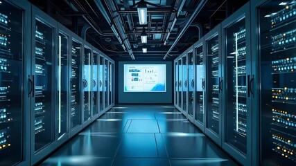 Server Room with Data Display and Racks - Powered by Adobe