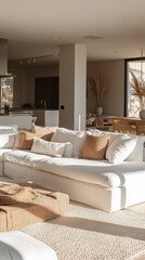 Fototapeta premium Cozy and modern living room with white sofa and natural decor in a bright space