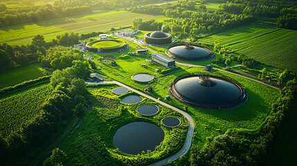 An aerial view of a biogas facility showing multiple digesters, storage tanks, and neatly arranged infrastructure surrounded by greenery.