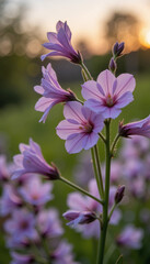 Fototapeta premium Delicate pink flowers blooming at sunset 