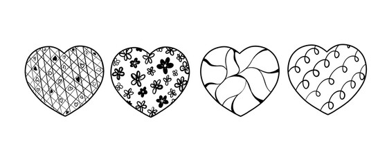 A set of hand drawn stylized hearts illustrations with unique patterns including squiggly lines, swirls, florals, lattices and other decorative elements. Black and white drawing in a minimalist style.