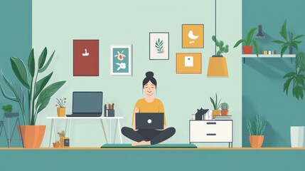 A remote worker enjoying a break while stretching on a yoga mat in their home