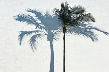 Palm tree casting shadow against a bright white wall in a sunny outdoor setting