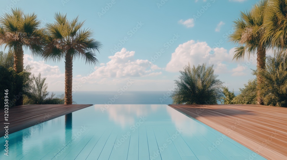 Poster luxurious infinity pool with crystal clear turquoise water merging seamlessly with the vast ocean, s