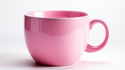 Beautiful pink ceramic coffee mug with a curved handle and glossy shine, studio view.