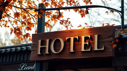 Obraz premium Hotel sign near a tropical beach, palm trees visible, iridescent colors reflecting in a wet rainy scene, elegant refined features in a high-quality commercial image 