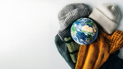 Clothes and planet earth on a white background, conscious lifestyle, green eco-friendly fashion