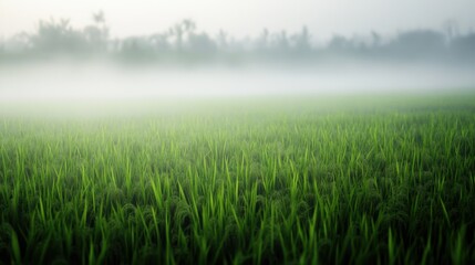 Rice field in early morning mist. Featuring a rice field covered in early morning mist. Highlighting serene and atmospheric landscape. Ideal for nature and travel visuals.
