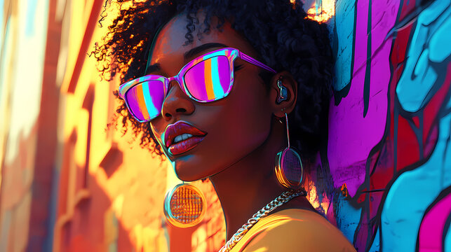 Stylish afrobeat enthusiast in neon graffiti alley with holographic fashion. Neon Graffiti Alley. Illustration