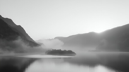 A classic black and white photograph of a serene mountain landscape at golden hour, mist and lake reflection, ethereal and spiritual vibe, timeless and elegant, light aura, mystical feeling
