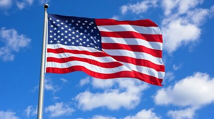 Fototapeta premium America flag on a flagpole illuminated by the warm glow of dawn