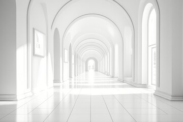 Obraz premium Elegant white interior space featuring tall arches and harmonious light effects