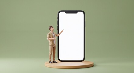 Pointing at device screen. Photo and 3d illustration of man standing next to huge 3d model of smartphone with empty white screen isolated on green background. Mockup for ad, text, design, logo
