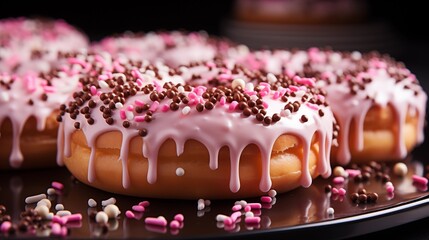 A pink frosted donut topped with colorful sprinkles, isolated on a white background, studio view.
