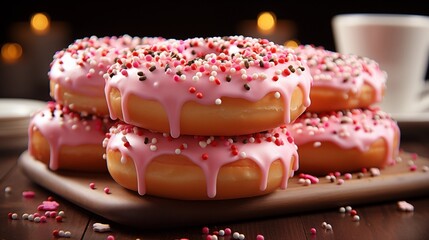 Closeup of a pink glazed donut with vibrant rainbow sprinkles, perfect for sweet cravings, studio view.