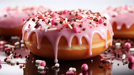 Pink frosted donut with confetti sprinkles, placed on a white napkin, perfect for parties, studio view.