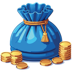 Blue bag with gold coins isolated on a white. Vector illustration or icon for computer or phone games.