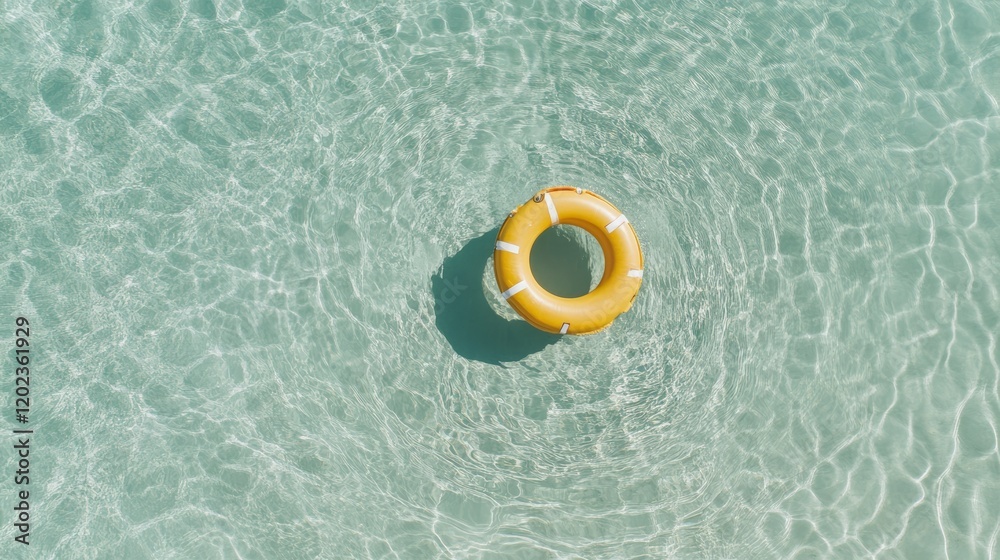 Poster Top view of a yellow lifebuoy floating on a transparent turquoise water surface, creating relaxing concentric waves, perfect for summer holidays and travel