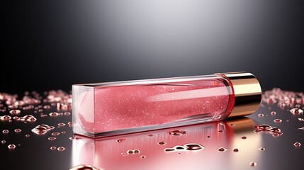 A sleek tube of pink gold lip gloss with a glossy finish, isolated on white, studio view.