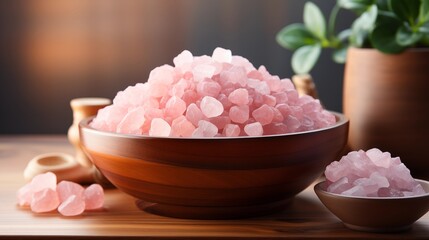 A rustic bowl filled with pink Himalayan salt, showcasing its vibrant hues, studio view.