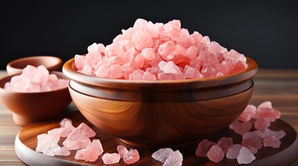Pink Himalayan salt crystals in a rustic wooden bowl, perfect for seasoning or decor, studio view.