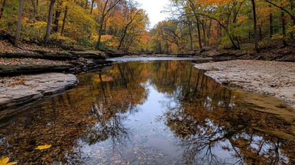 Autumn river reflection in forest
